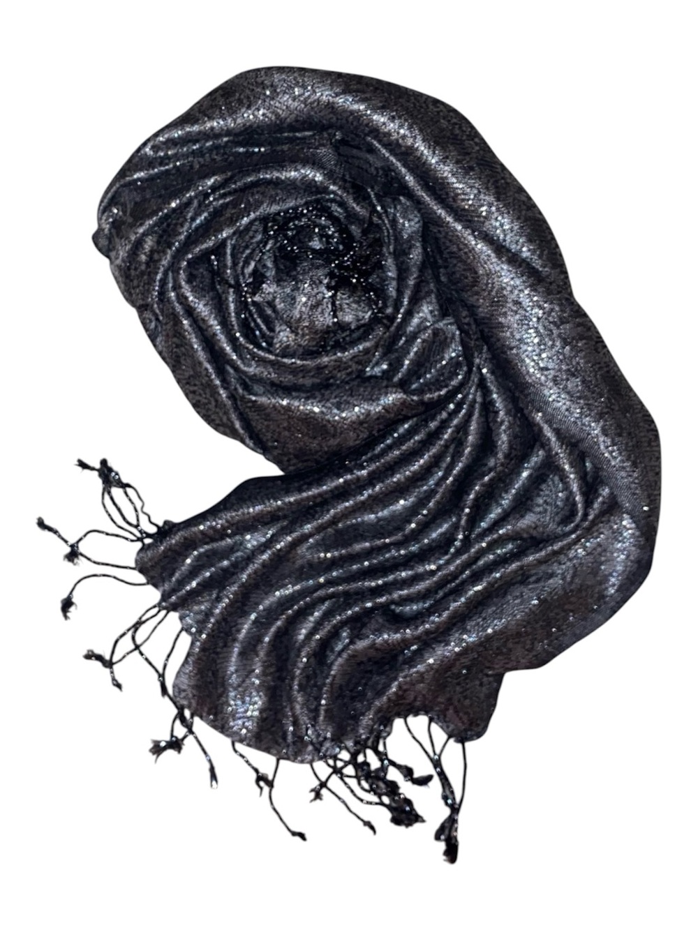FASHION SCARF Pashmina Silk Like Jacquard Paisley Metallic Silver/Blk 
70”x 21”